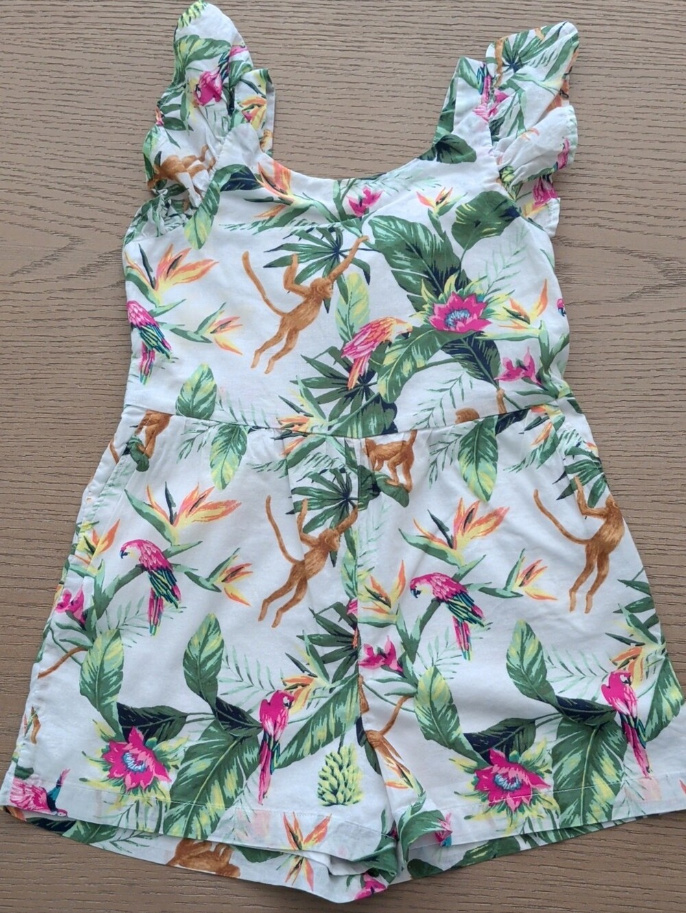 Janie and Jack - Tropical Monkey & Floral Romper - White with Green & Pink